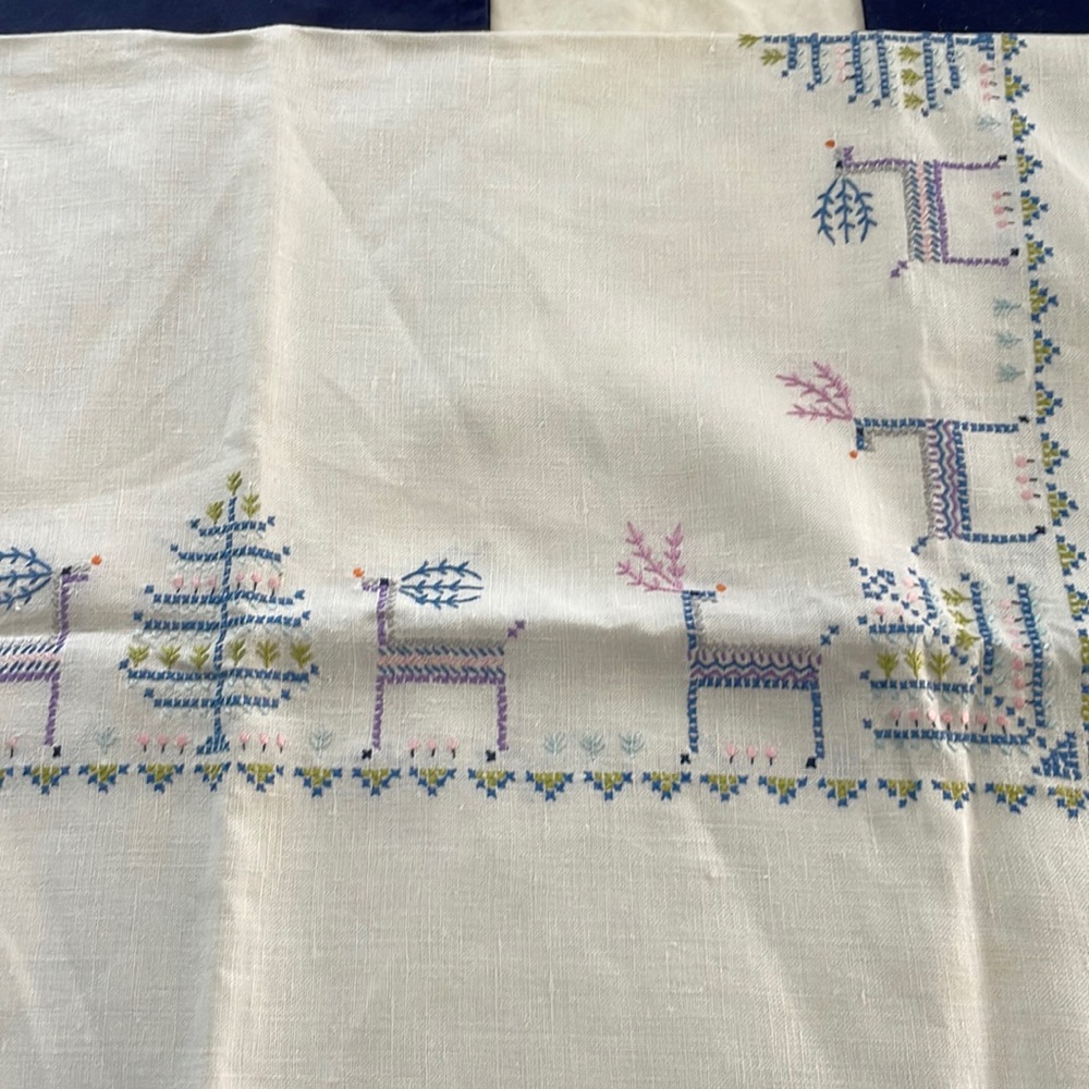 Linen Table runner reindeer christmas tree